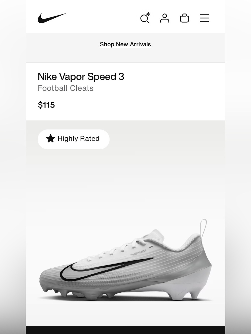 Nike Vapor Speed 3 Football Cleats Shoes White Wolf Grey Men’s Sz 7.5 NEW